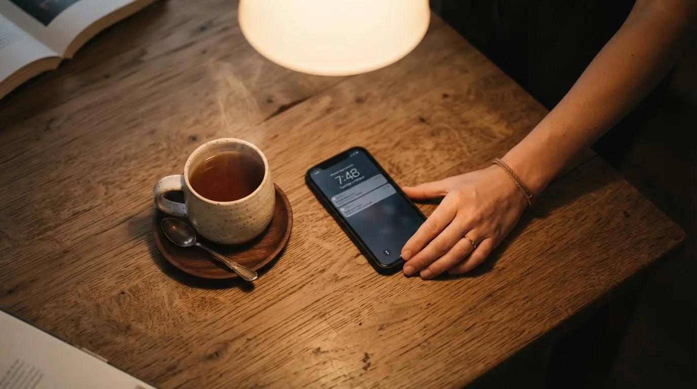 A hand setting a smartphone down beside a cup of tea on a kitchen table on a quiet evening