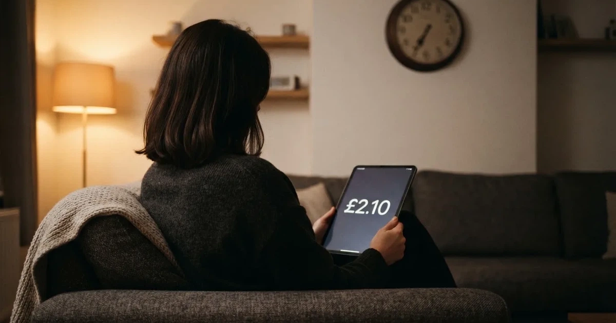 A person on a sofa looking thoughtfully at a tablet, a wall clock in the background