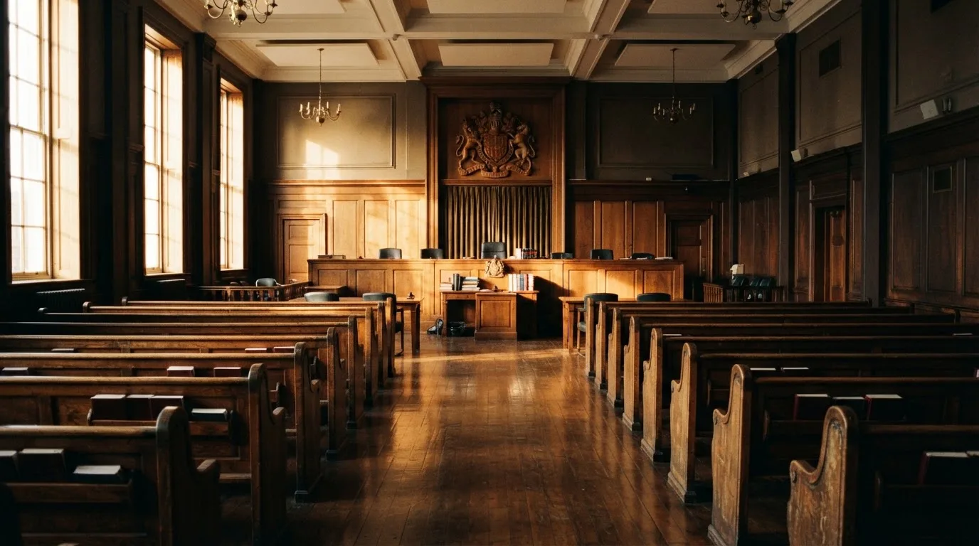 An empty courtroom with wooden benches in morning light