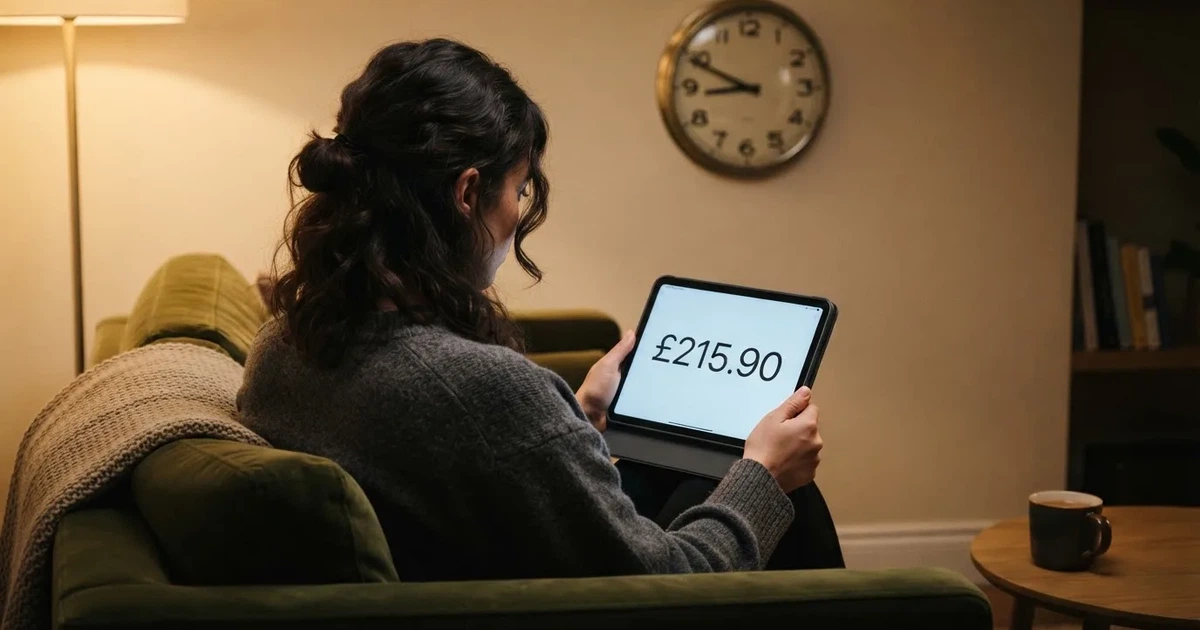 A person on a sofa looking thoughtfully at a tablet, a wall clock in the background