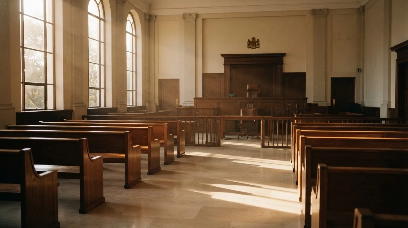 An empty courtroom with wooden benches in morning light