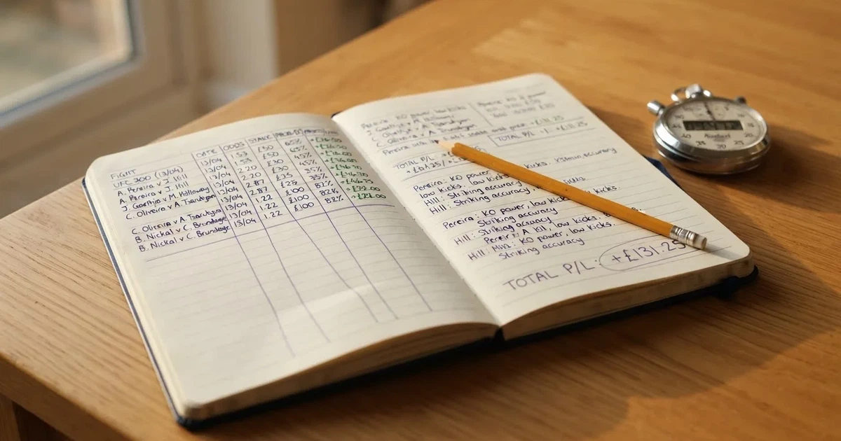 An open notebook with a pencil and a stopwatch on a wooden table