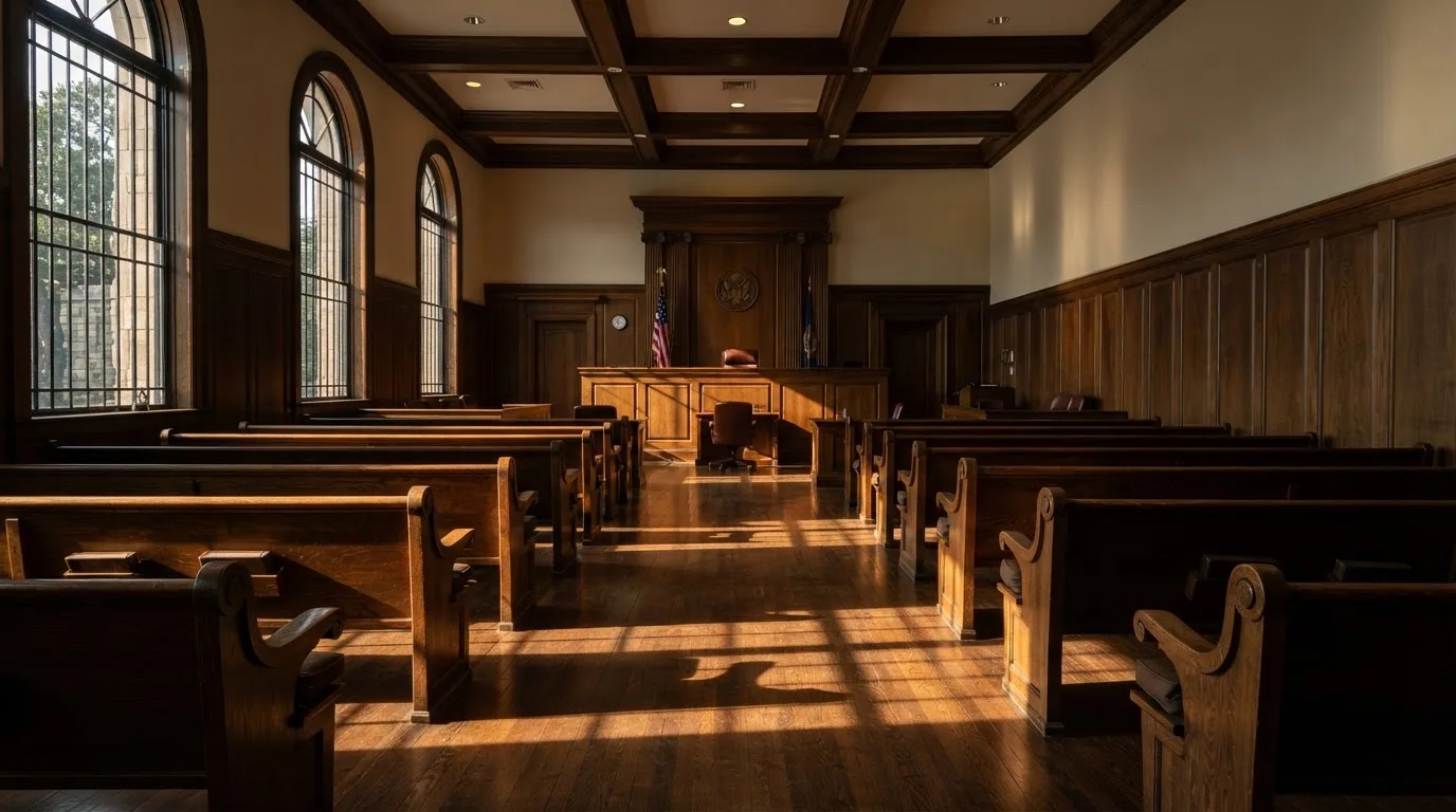 An empty courtroom with wooden benches in morning light