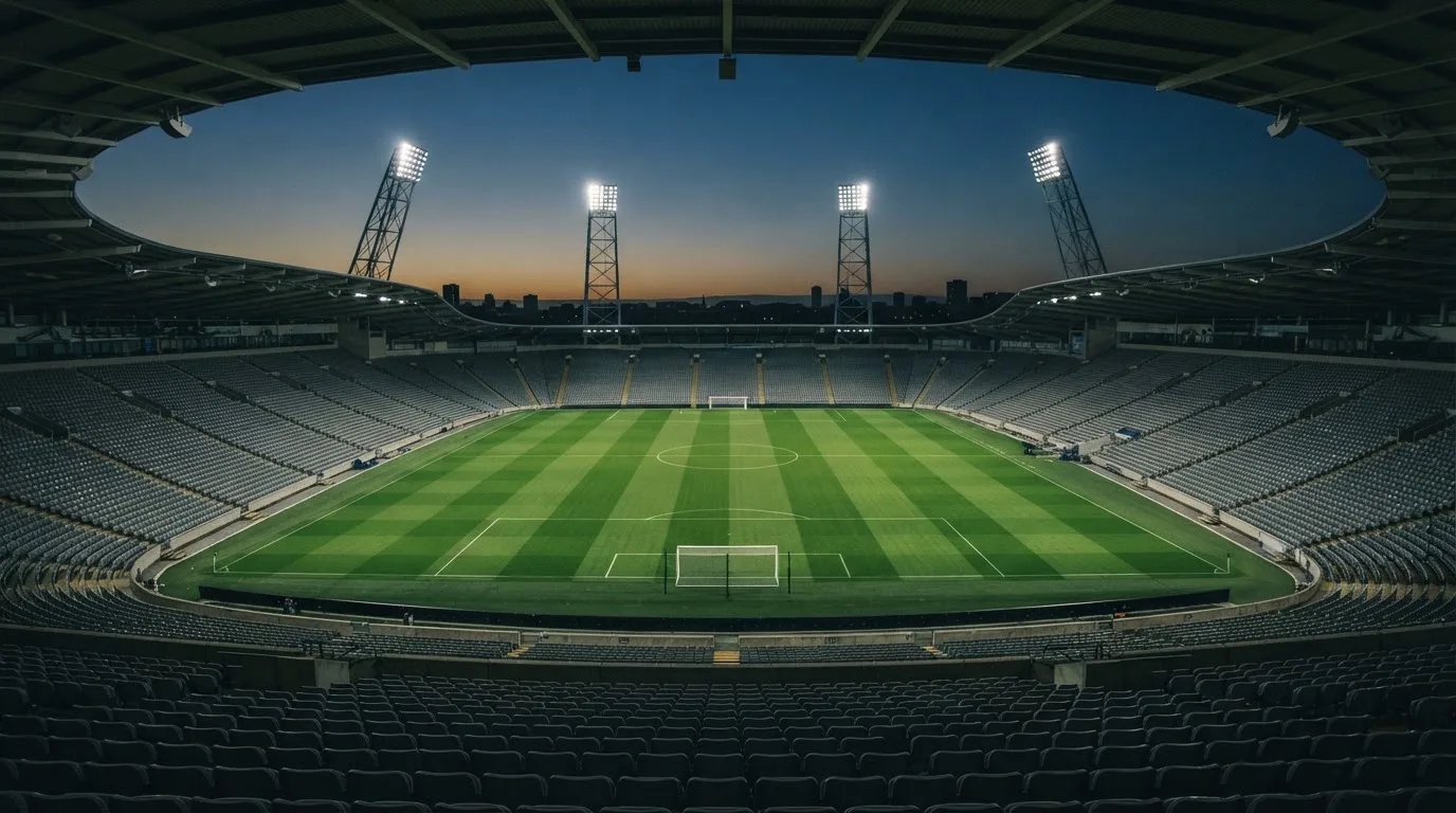 An empty football stadium with floodlight masts at dusk