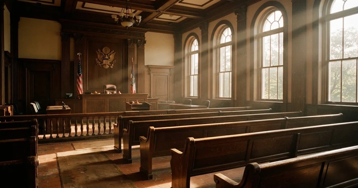 An empty courtroom with wooden benches in morning light