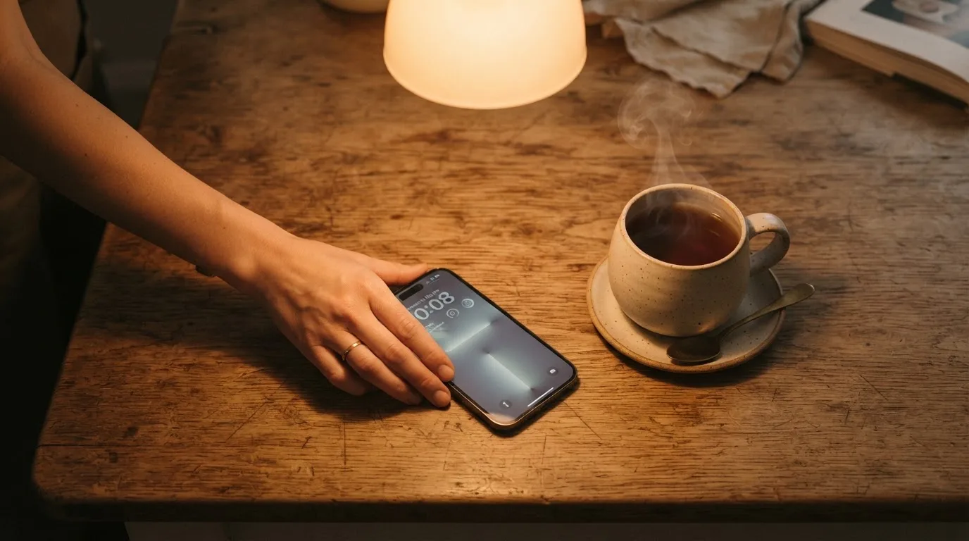 A hand setting a smartphone down beside a cup of tea on a kitchen table on a quiet evening