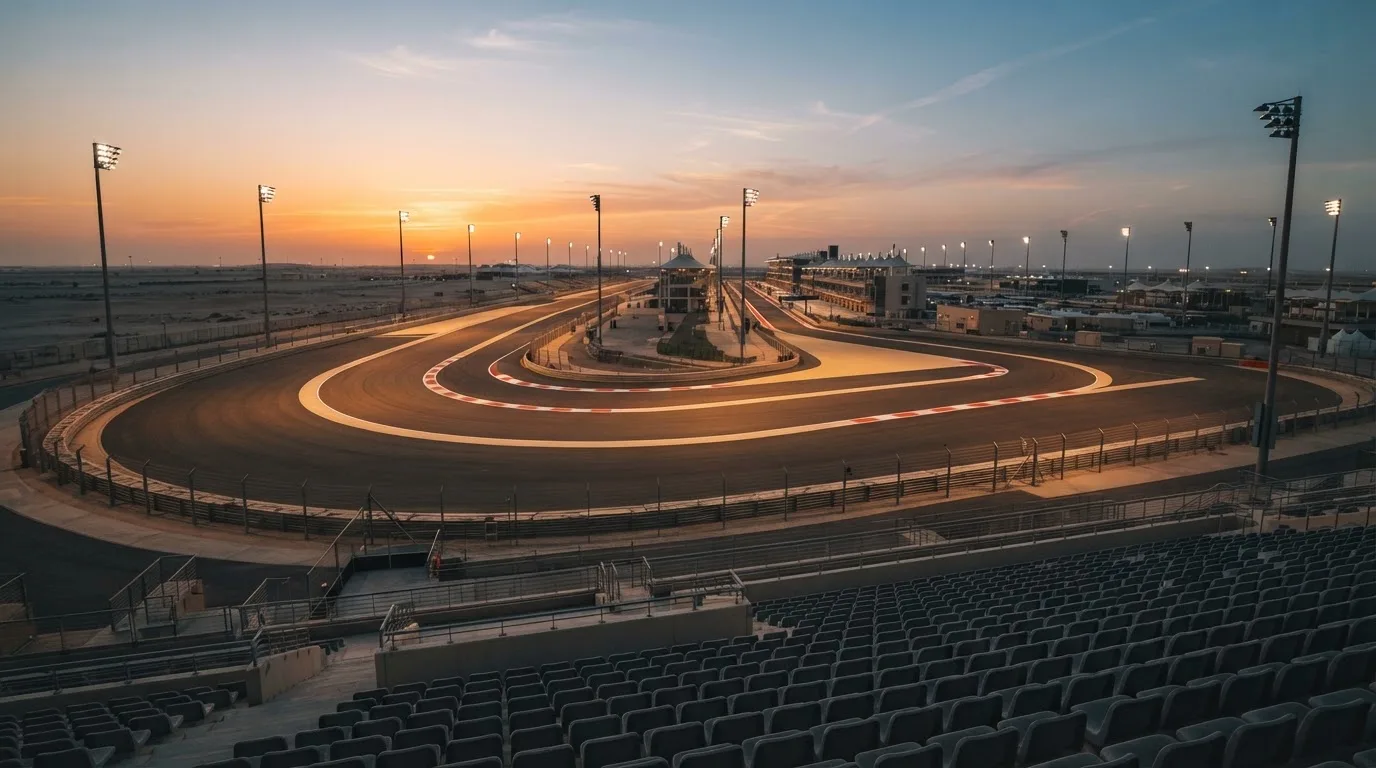 An empty football stadium with floodlight masts at dusk