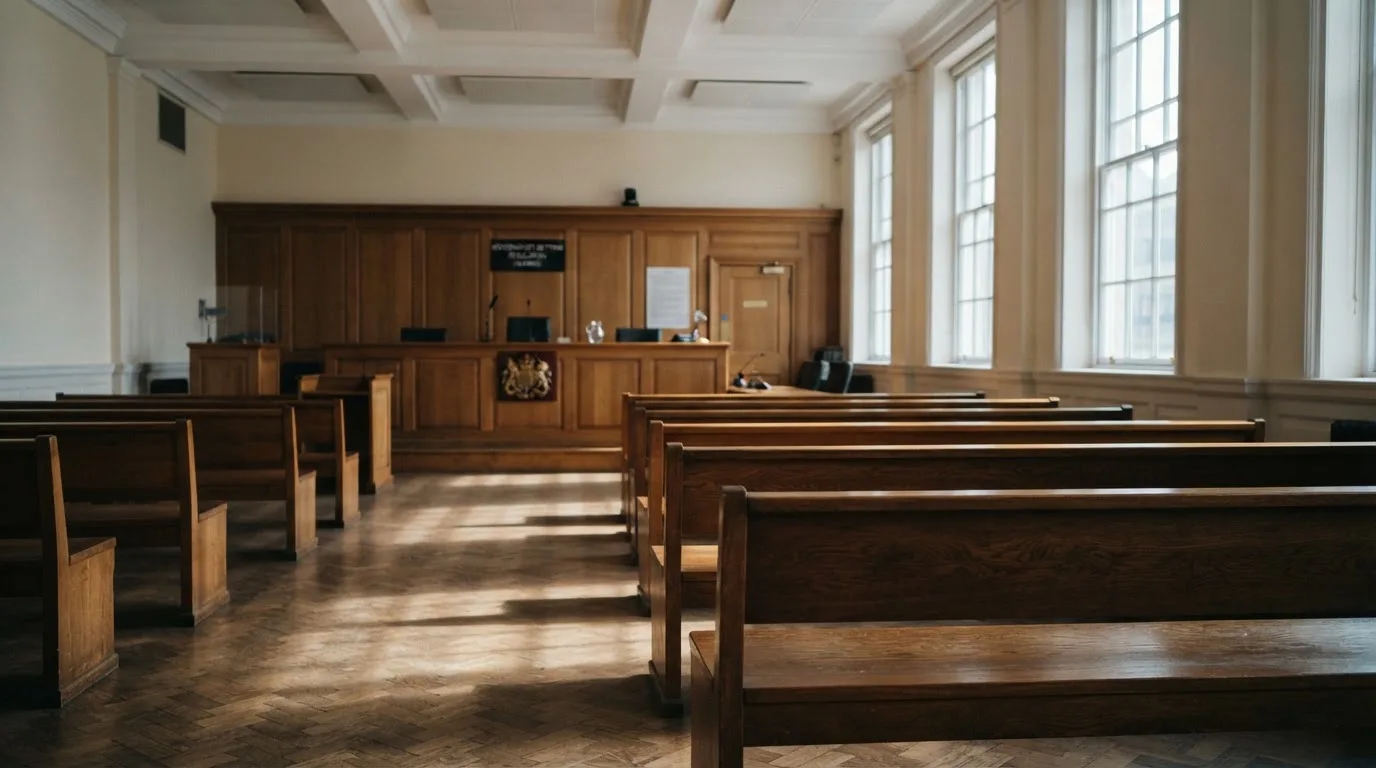 An empty courtroom with wooden benches in morning light