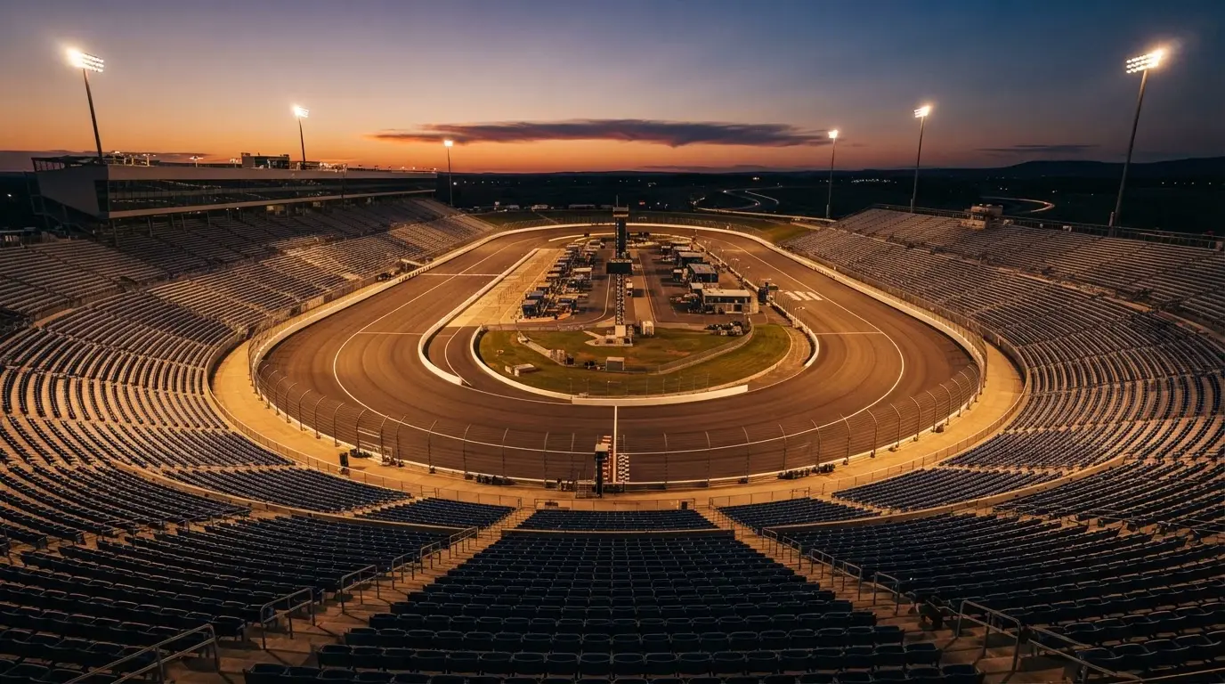 An empty football stadium with floodlight masts at dusk