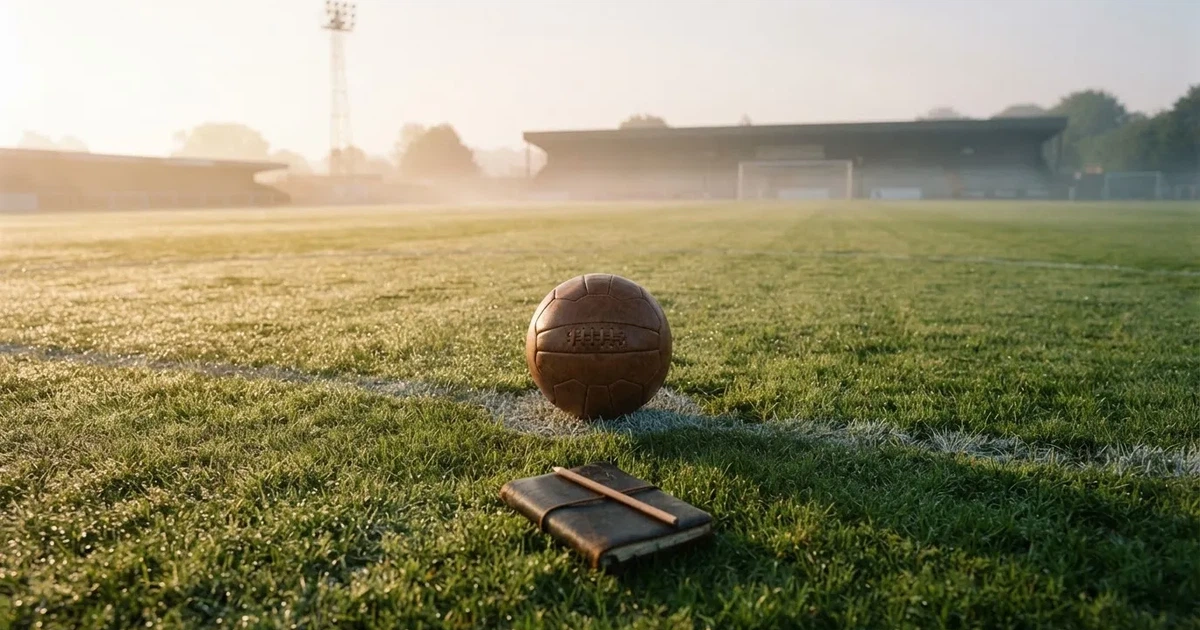A ball on the centre spot of a grass pitch in morning light