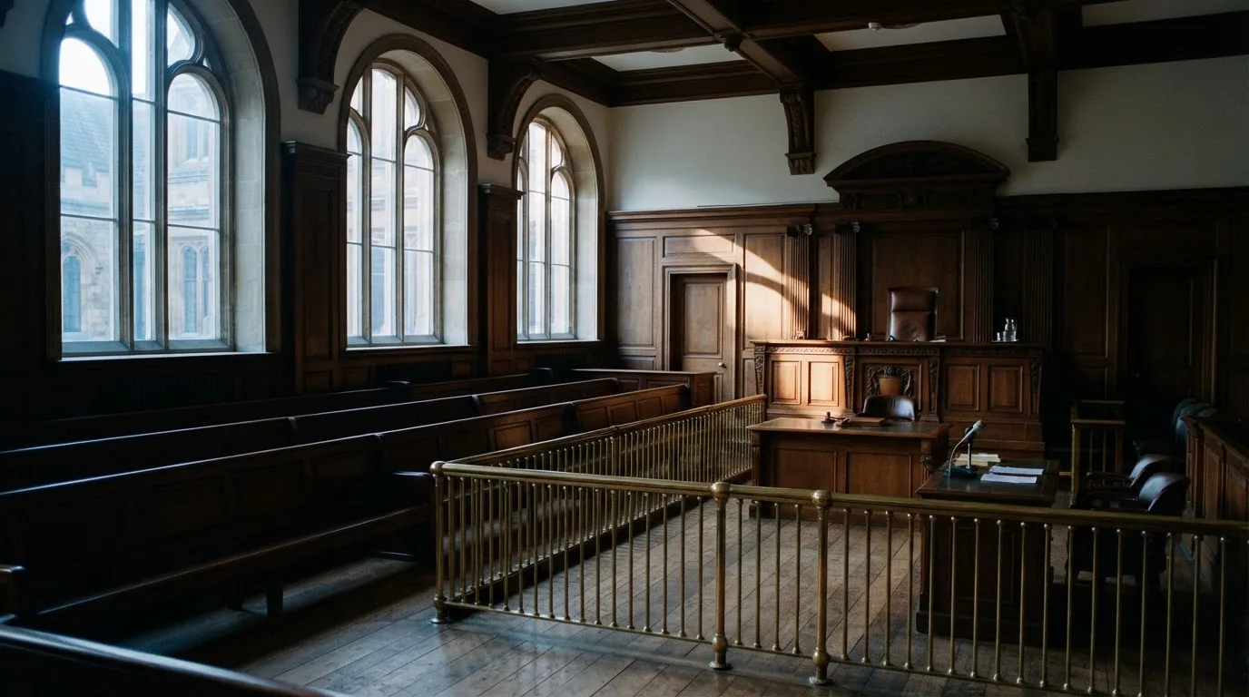 An empty courtroom with wooden benches in morning light