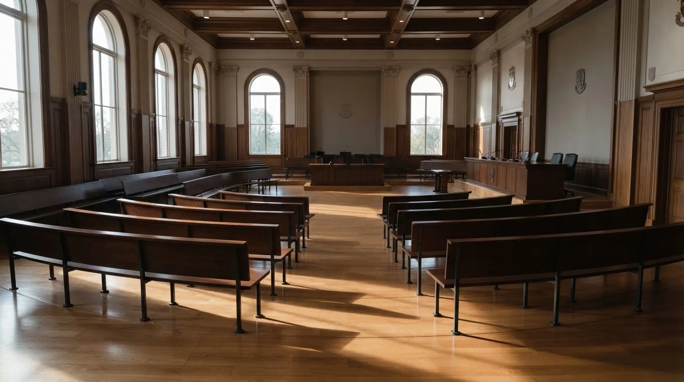 An empty courtroom with wooden benches in morning light