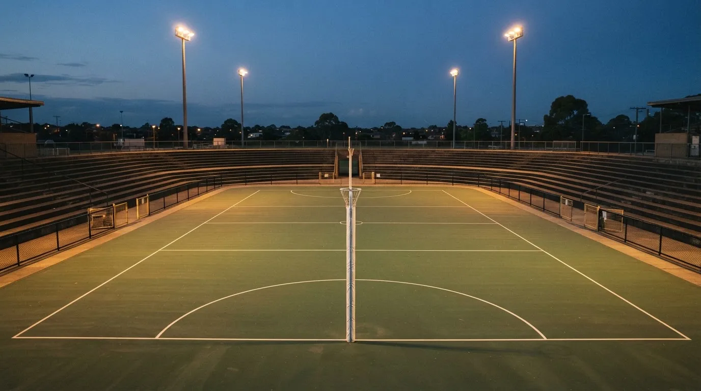 An empty football stadium with floodlight masts at dusk