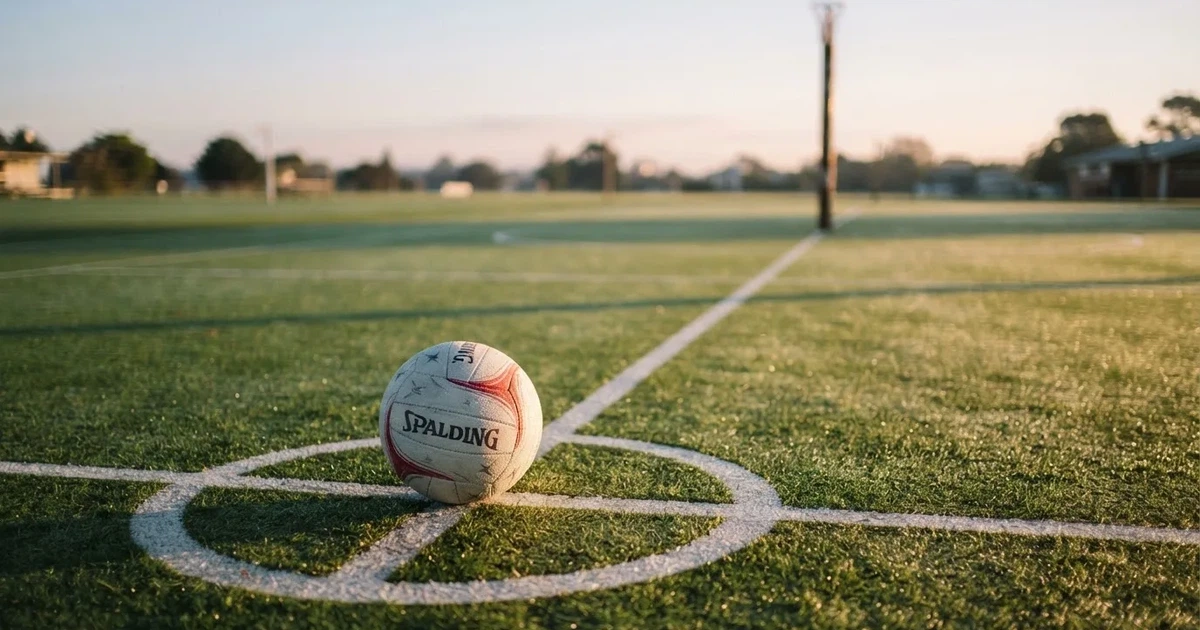 A ball on the centre spot of a grass pitch in morning light