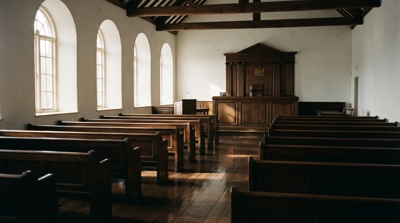 An empty courtroom with wooden benches in morning light