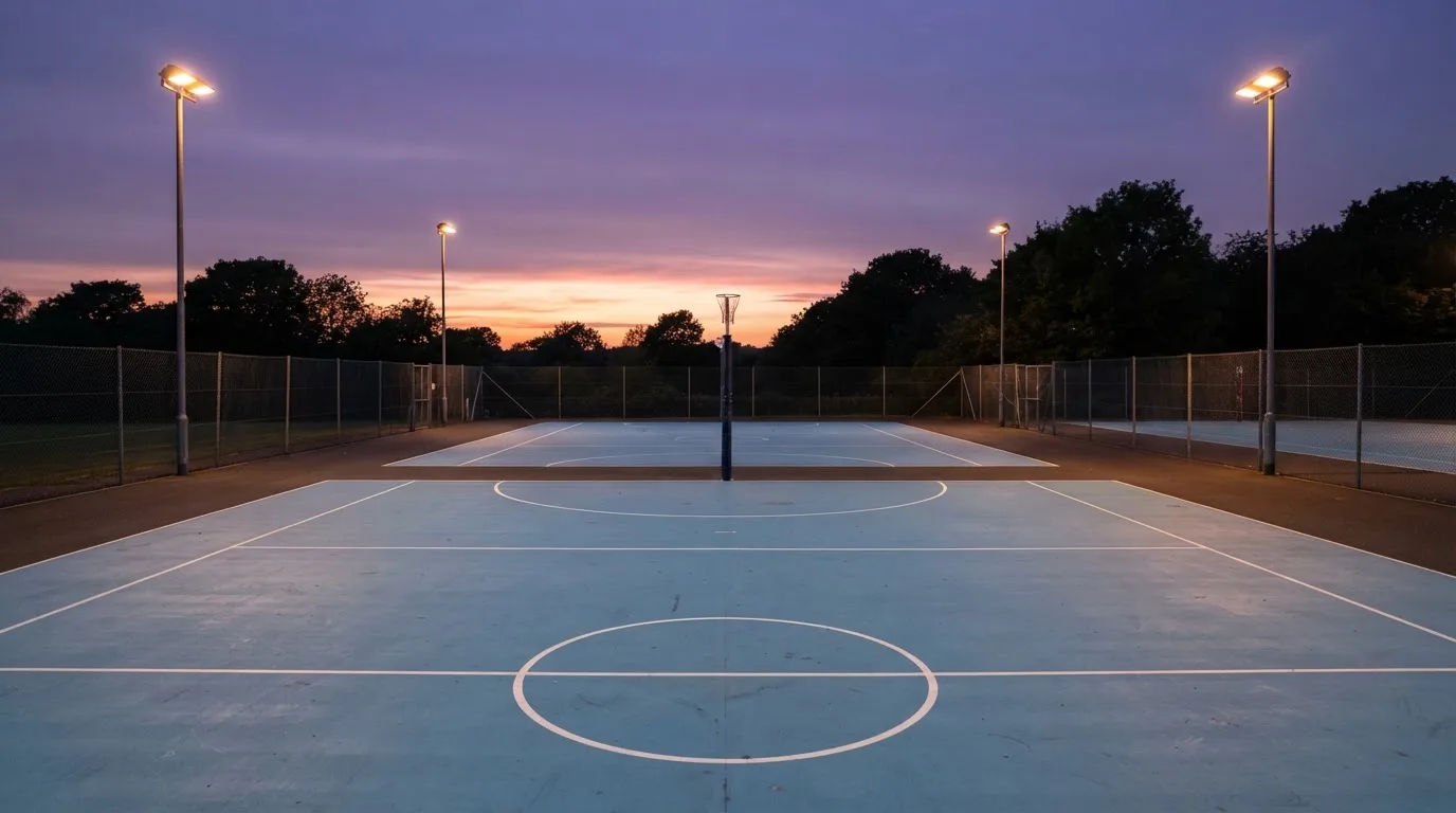 An empty football stadium with floodlight masts at dusk