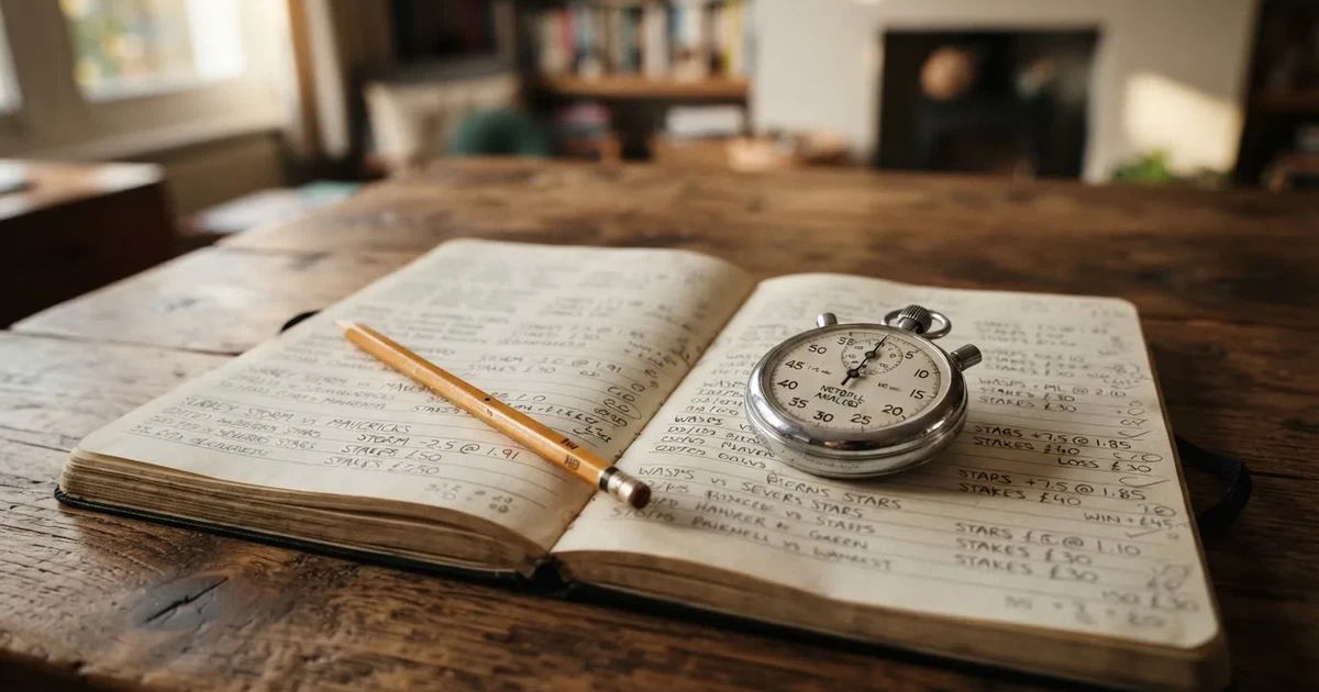 An open notebook with a pencil and a stopwatch on a wooden table