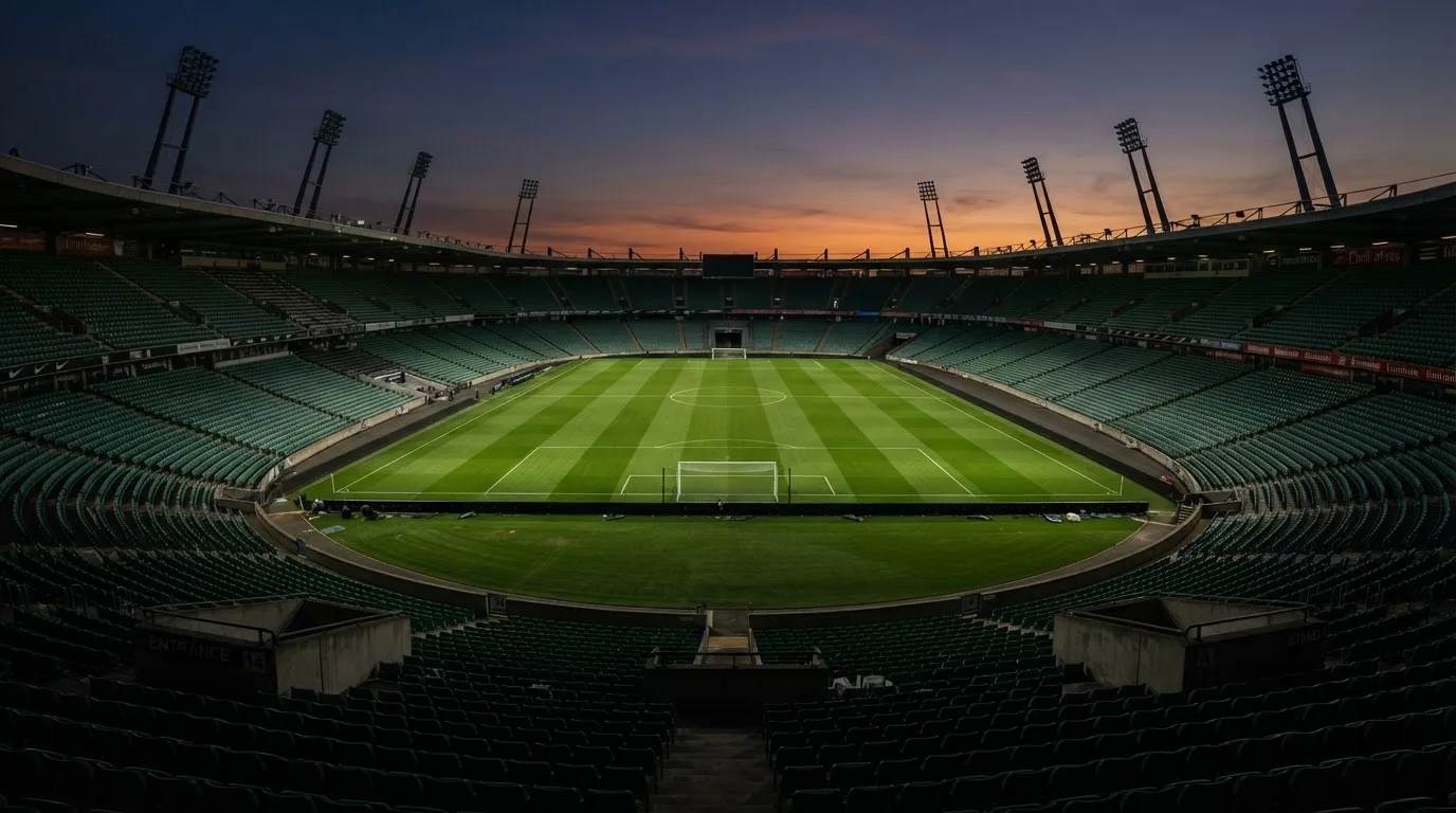 An empty football stadium with floodlight masts at dusk