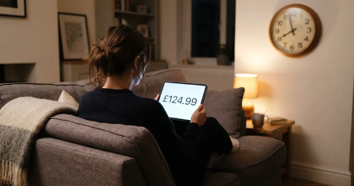 A person on a sofa looking thoughtfully at a tablet, a wall clock in the background