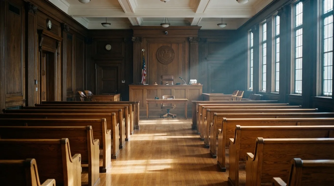 An empty courtroom with wooden benches in morning light