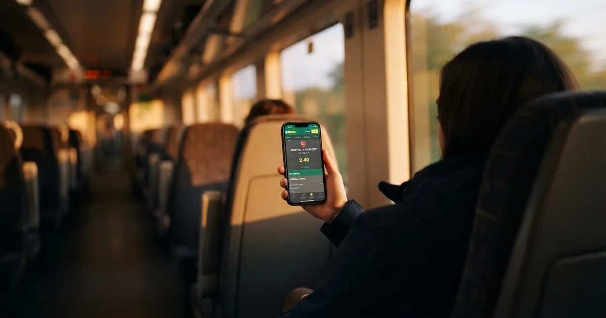A hand holding a smartphone on a train in the evening, screen turned away