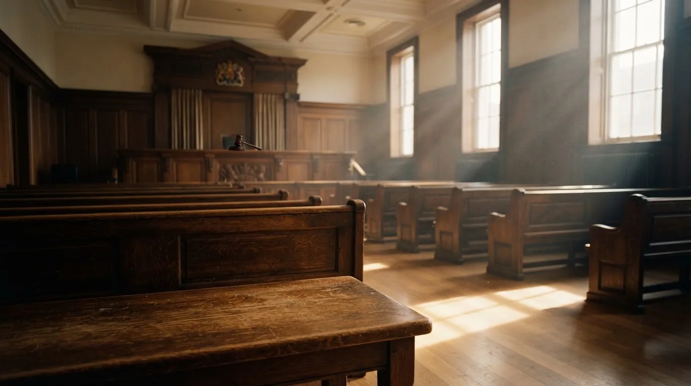 An empty courtroom with wooden benches in morning light