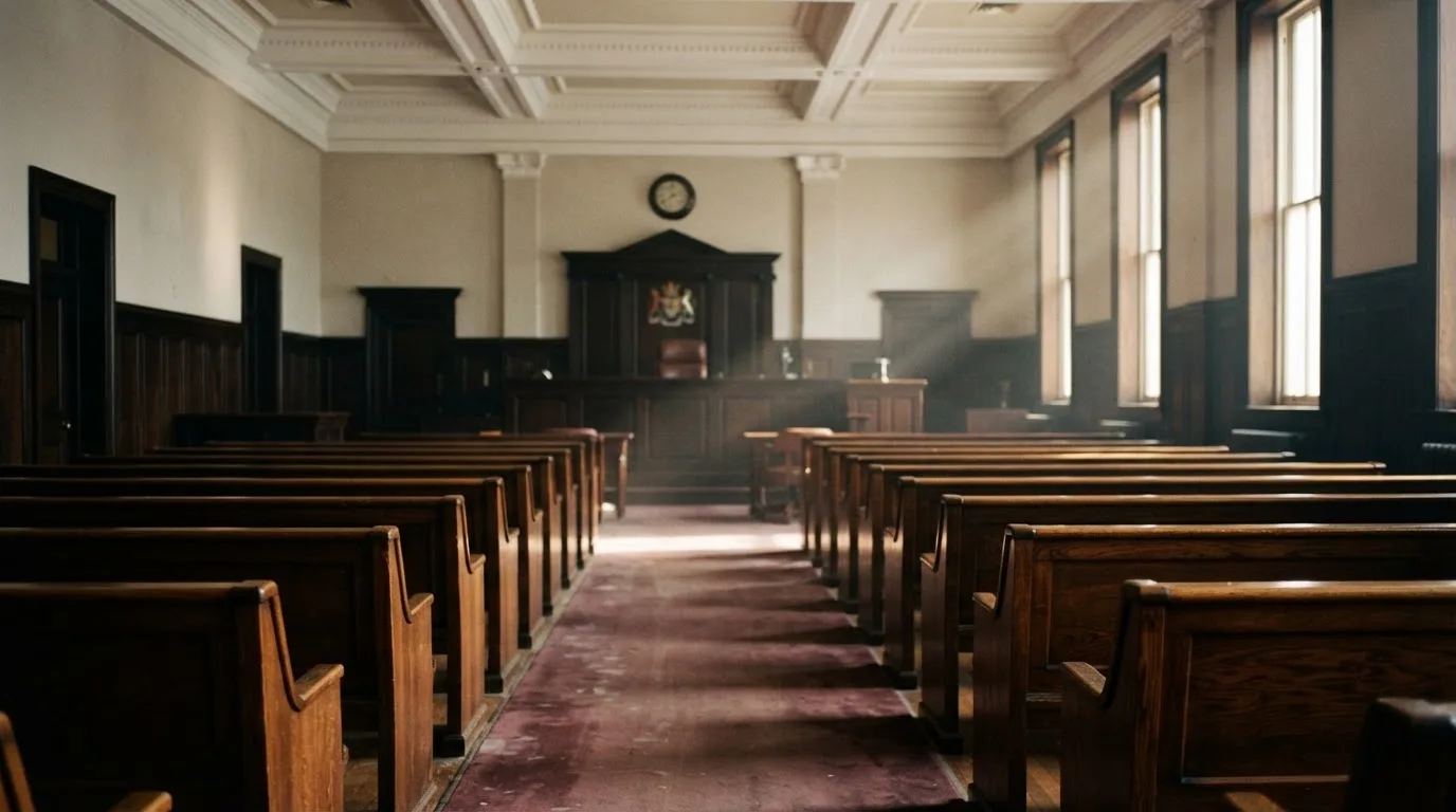 An empty courtroom with wooden benches in morning light