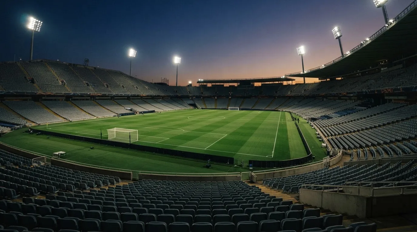 An empty football stadium with floodlight masts at dusk