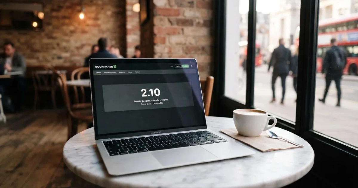 A laptop on a café table by a window onto the street