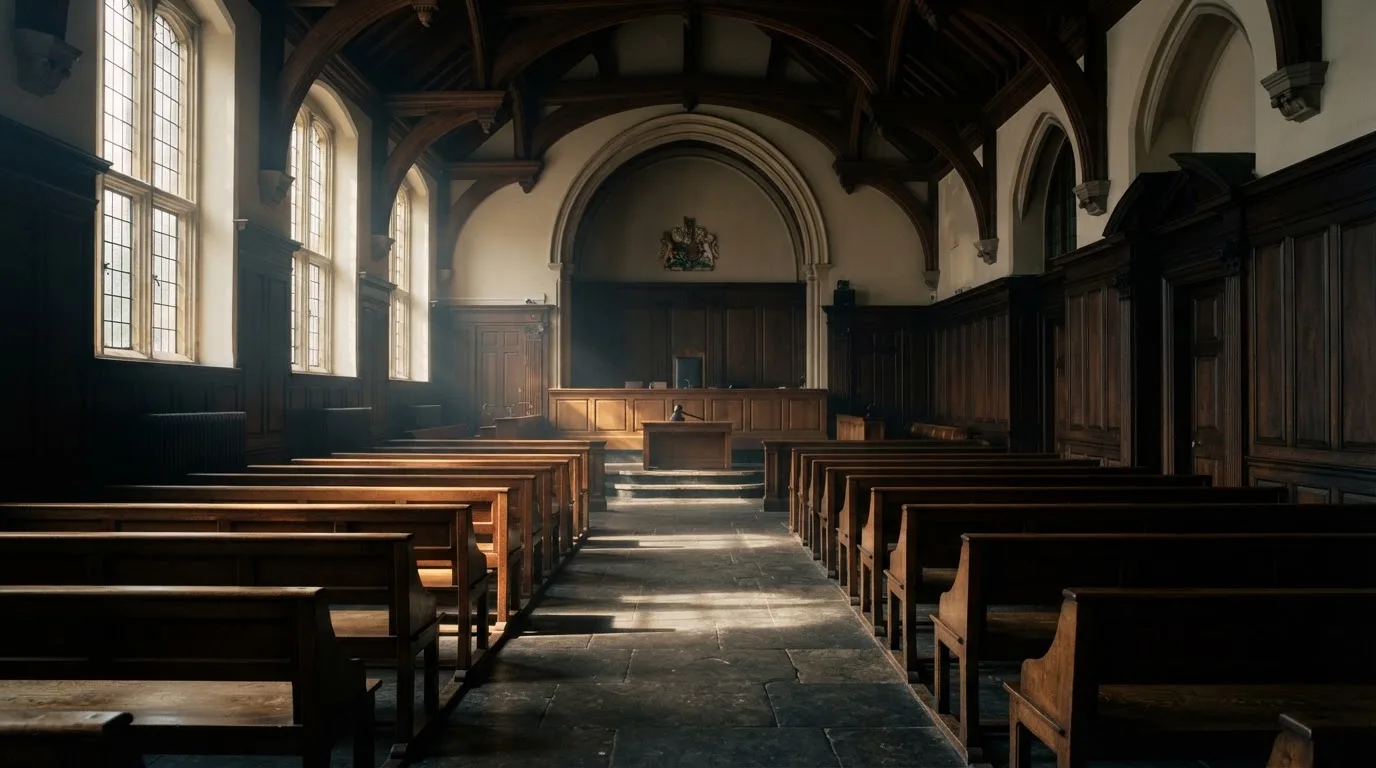 An empty courtroom with wooden benches in morning light