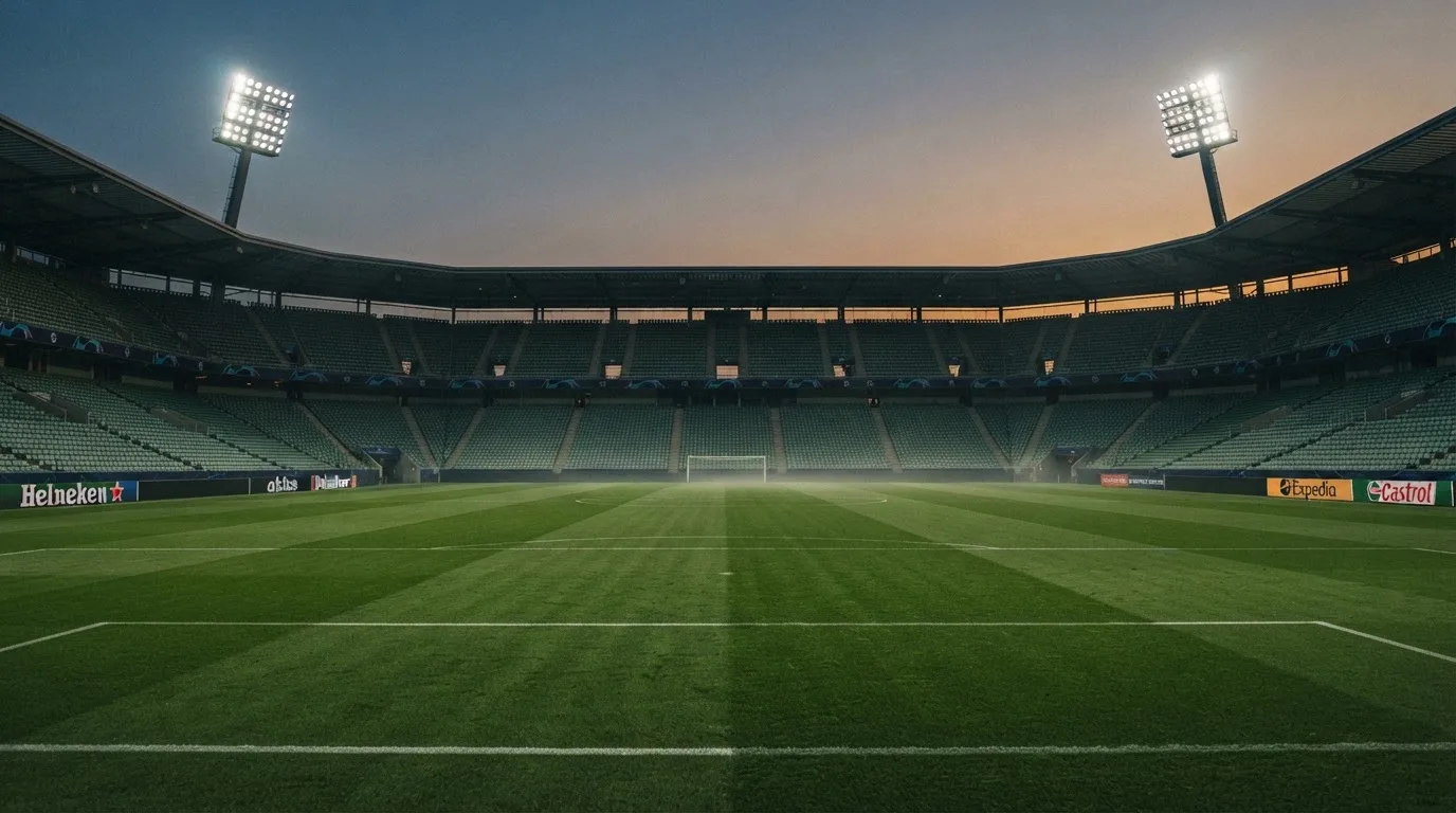An empty football stadium with floodlight masts at dusk