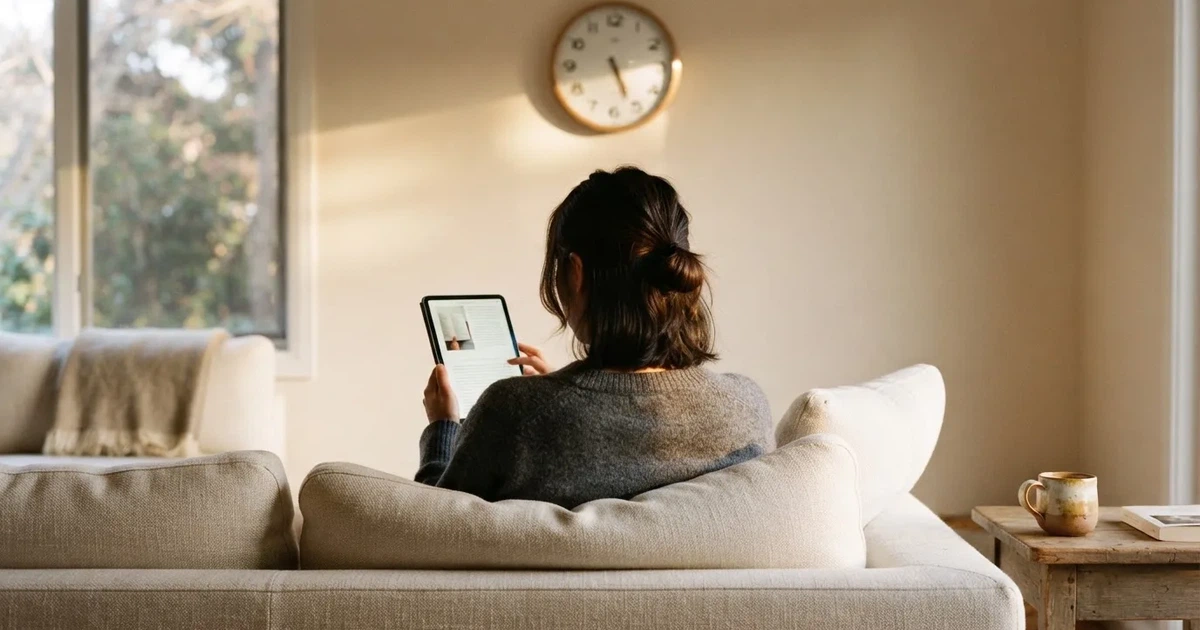 A person on a sofa looking thoughtfully at a tablet, a wall clock in the background