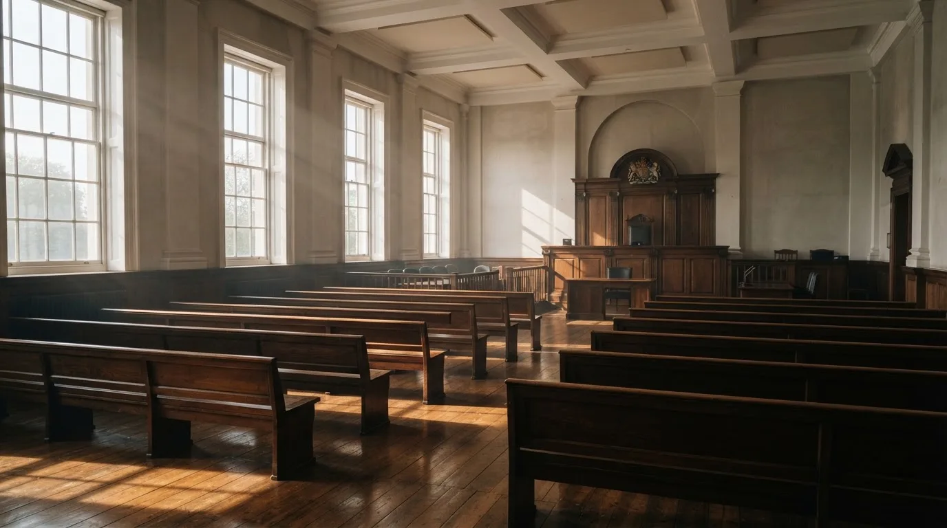 An empty courtroom with wooden benches in morning light