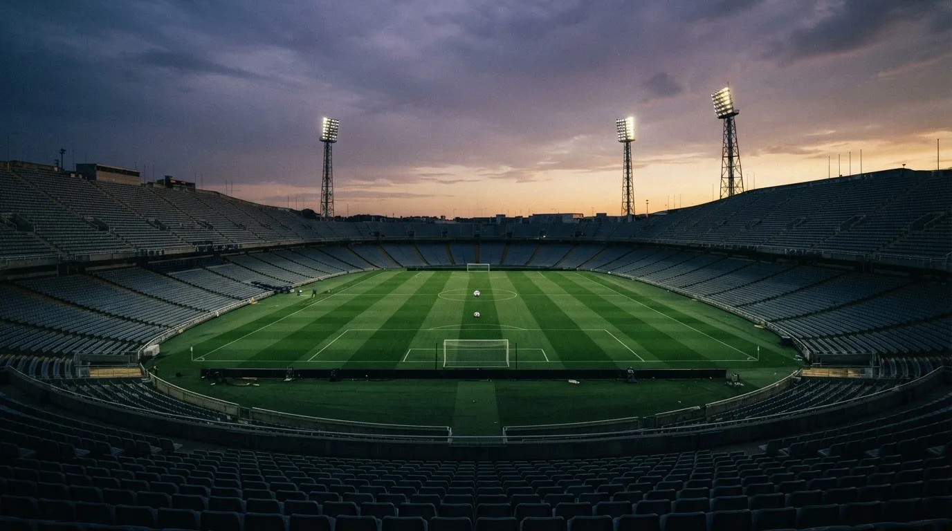 An empty football stadium with floodlight masts at dusk
