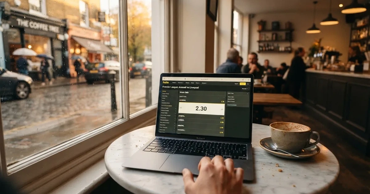 A laptop on a café table by a window onto the street