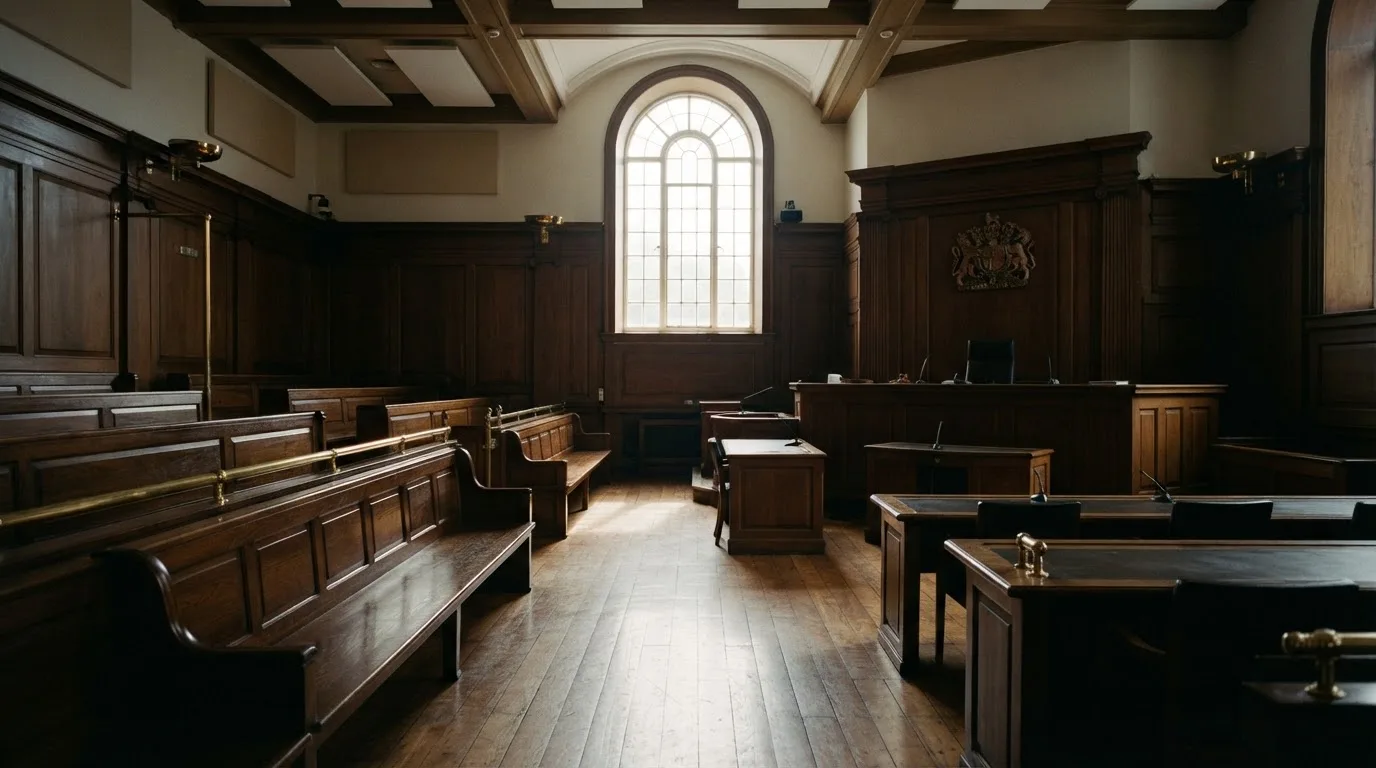 An empty courtroom with wooden benches in morning light