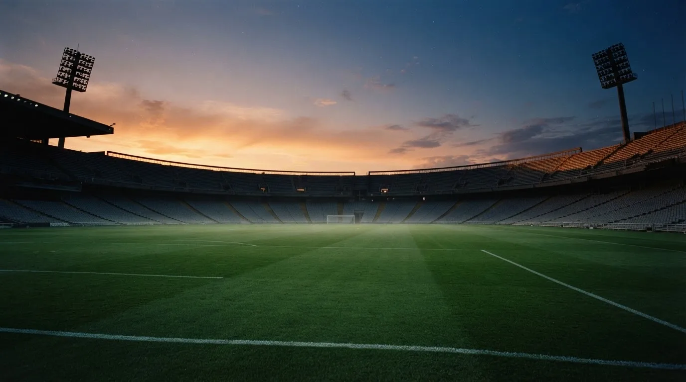 An empty football stadium with floodlight masts at dusk