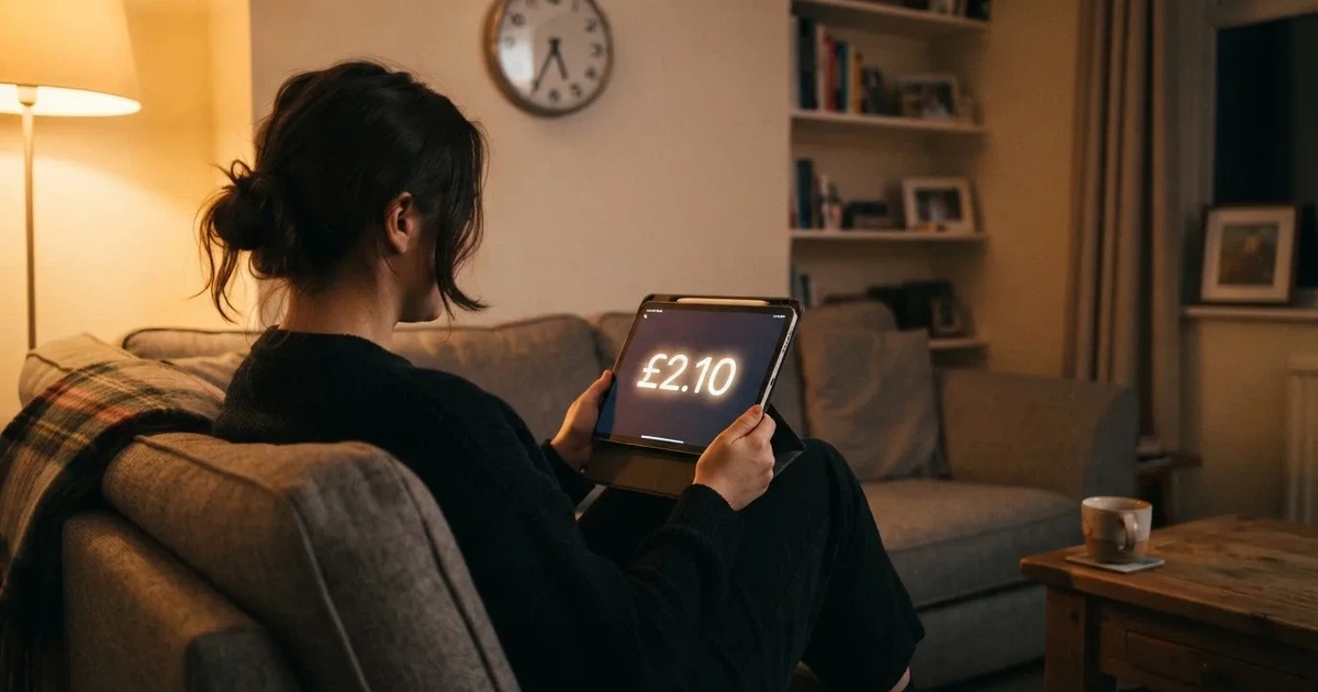 A person on a sofa looking thoughtfully at a tablet, a wall clock in the background