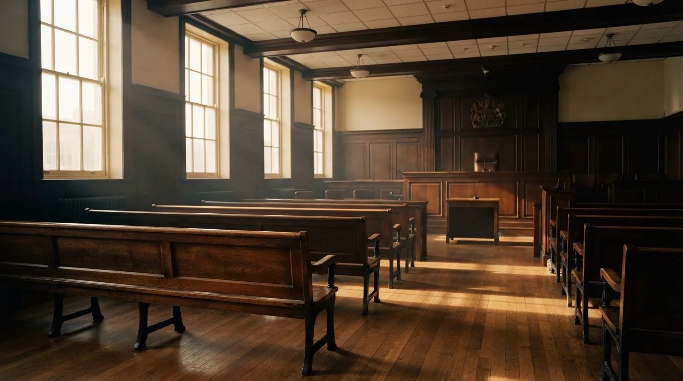 An empty courtroom with wooden benches in morning light
