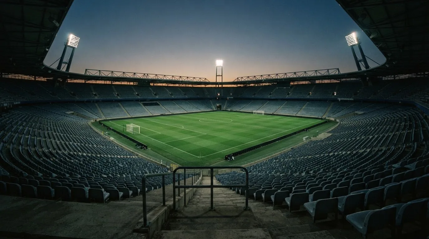 An empty football stadium with floodlight masts at dusk