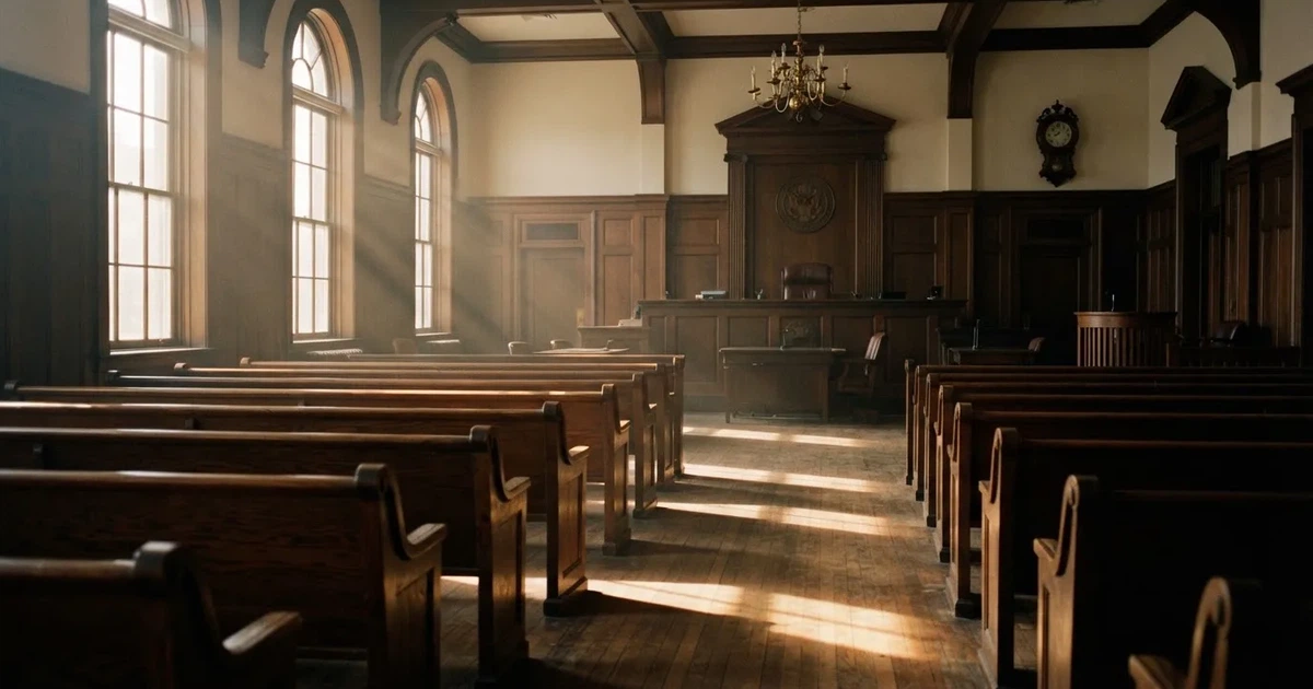 An empty courtroom with wooden benches in morning light