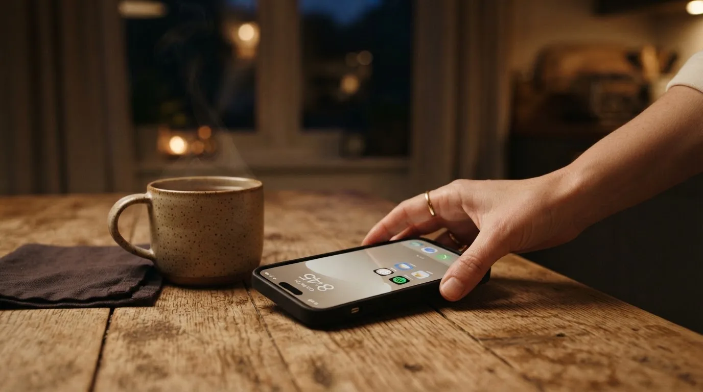 A hand setting a smartphone down beside a cup of tea on a kitchen table on a quiet evening