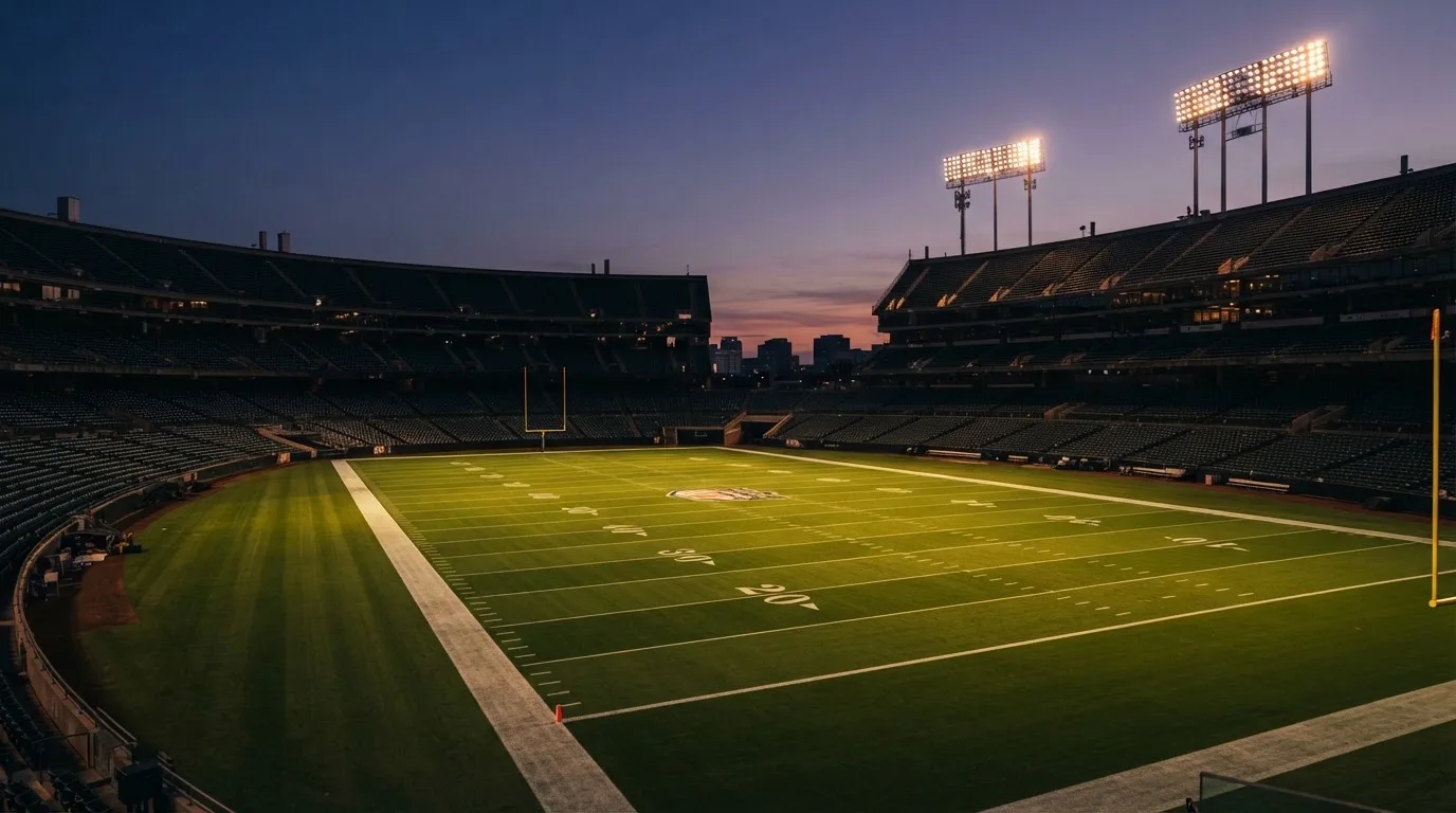 An empty football stadium with floodlight masts at dusk