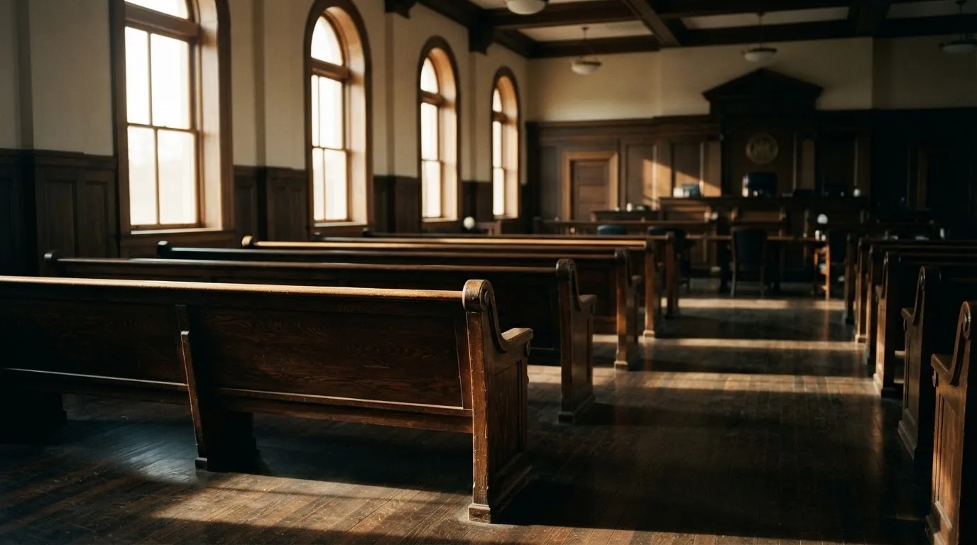 An empty courtroom with wooden benches in morning light