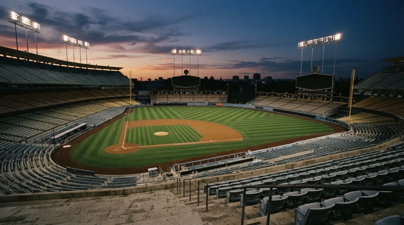 An empty football stadium with floodlight masts at dusk
