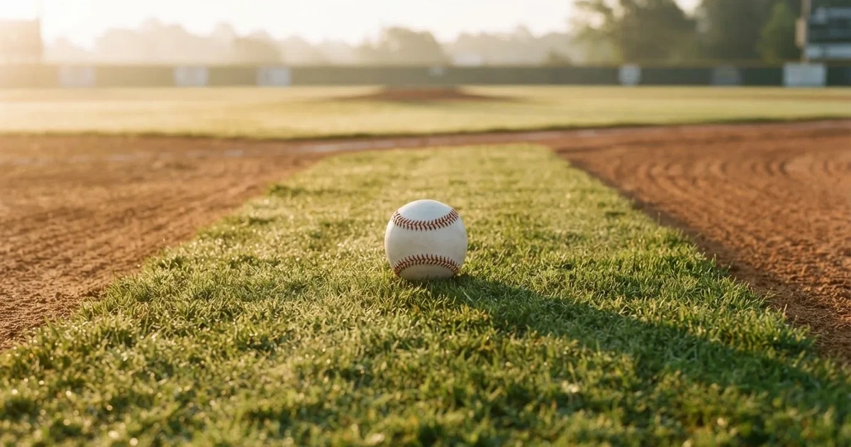 A ball on the centre spot of a grass pitch in morning light