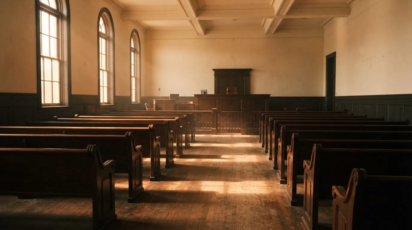 An empty courtroom with wooden benches in morning light