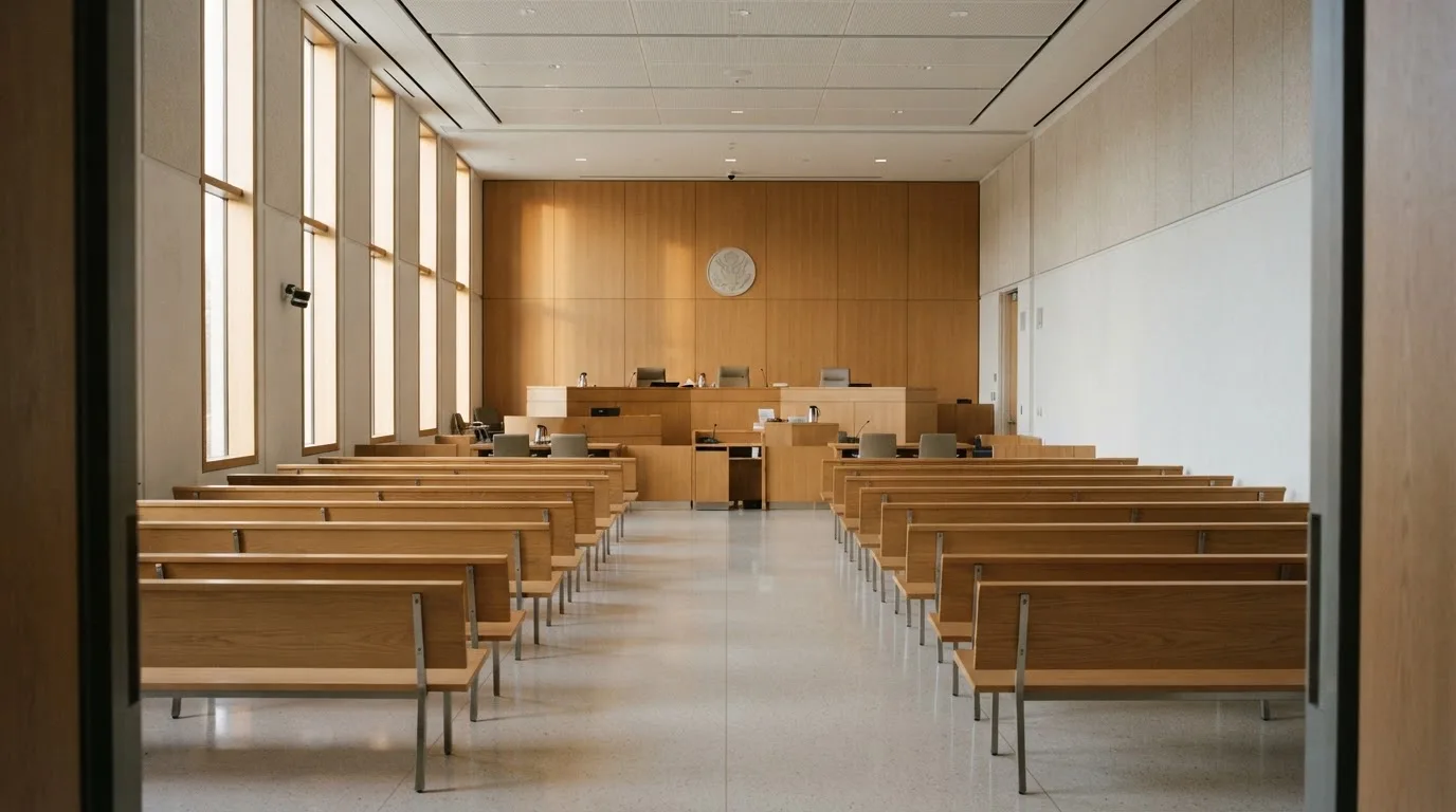 An empty courtroom with wooden benches in morning light
