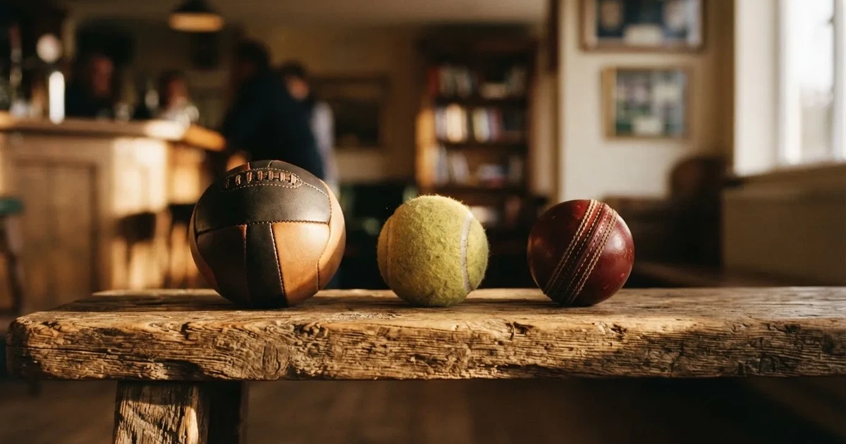 Three balls of different kinds side by side on a wooden bench