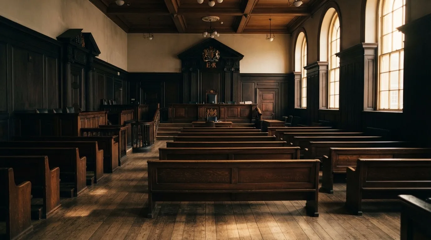 An empty courtroom with wooden benches in morning light